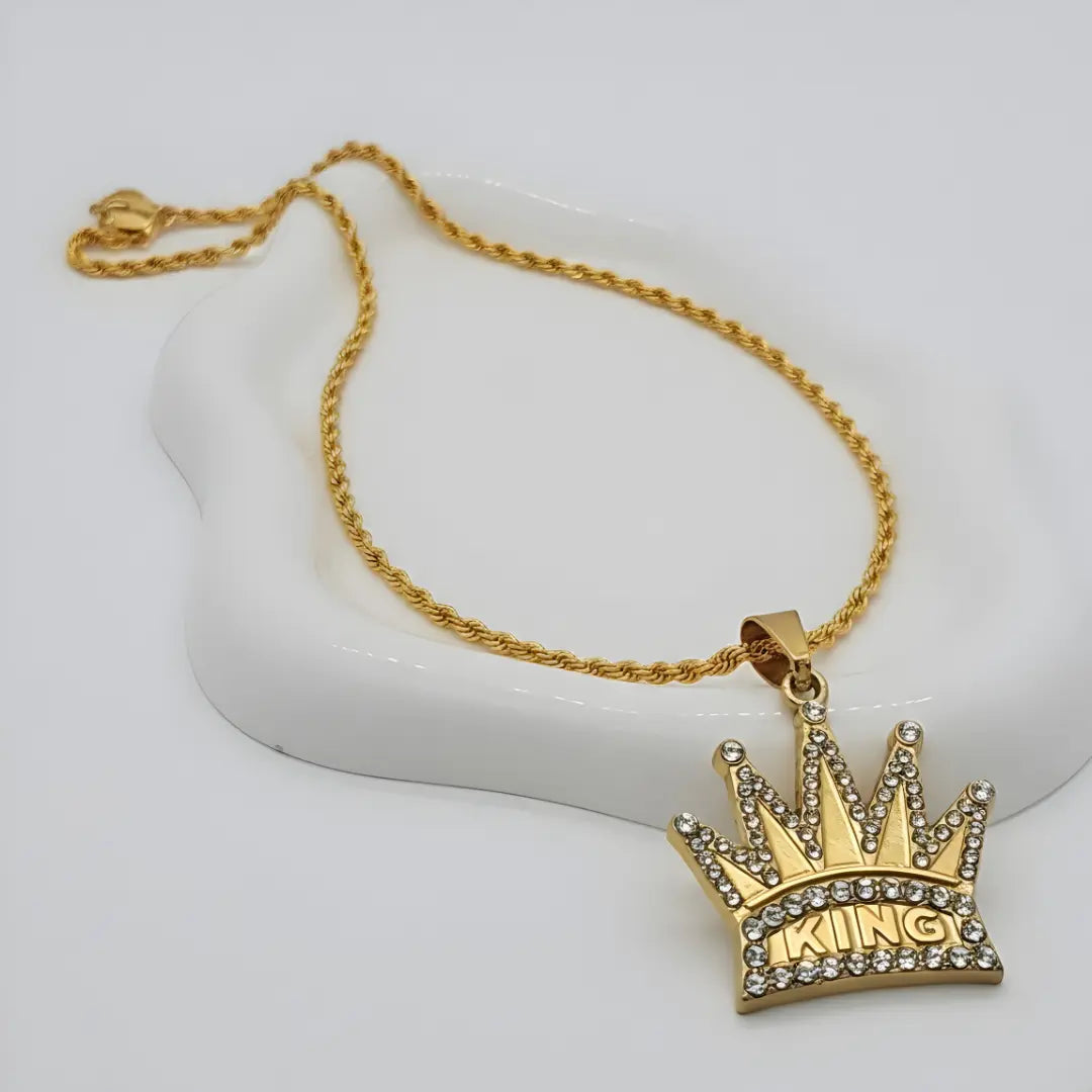 18K Gold Filled Iced Out "KING" Crown Pendant Necklace – Rope Chain Hip Hop Jewelry for Men
